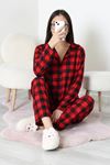 Kadın Süet Düğmeli Pijama Takımı Kırmızısiyah