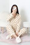Kadın Süet Düğmeli Pijama Takımı Kremkahve