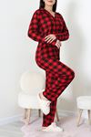 Kadın Süet Düğmeli Pijama Takımı Kırmızısiyah