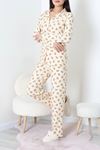 Kadın Süet Düğmeli Pijama Takımı Kremkahve