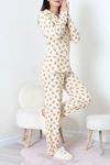 Kadın Süet Düğmeli Pijama Takımı Kremkahve