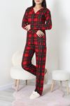Kadın Süet Düğmeli Pijama Takımı Kırmızıyeşil