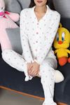 Kadın Bürümcük Düğmeli Pijama Takımı Beyazçiçek