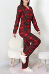 Kadın Süet Düğmeli Pijama Takımı Kırmızıyeşil