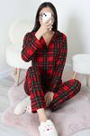 Kadın Süet Düğmeli Pijama Takımı Kırmızıyeşil