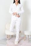 Kadın Bürümcük Düğmeli Pijama Takımı Beyazçiçek