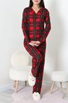 Kadın Süet Düğmeli Pijama Takımı Kırmızıyeşil