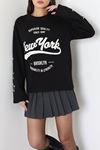 Kadın 2 İplik Baskılı Bisiklet Yaka Uzun Kol Swearshirt Siyah