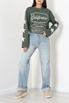 Kadın 2 İplik Baskılı Bisiklet Yaka Sweatshirt Haki