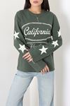 Kadın 2 İplik Baskılı Bisiklet Yaka Sweatshirt Haki