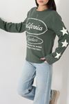 Kadın 2 İplik Baskılı Bisiklet Yaka Sweatshirt Haki