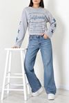 Kadın 2 İplik Baskılı Bisiklet Yaka Sweatshirt Dumangri