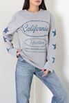 Kadın 2 İplik Baskılı Bisiklet Yaka Sweatshirt Dumangri