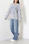 Kadın 2 İplik Baskılı Bisiklet Yaka Sweatshirt Dumangri