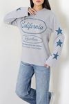 Kadın 2 İplik Baskılı Bisiklet Yaka Sweatshirt Dumangri