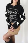 Kadın 2 İplik Baskılı Bisiklet Yaka Sweatshirt Siyah