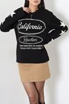 Kadın 2 İplik Baskılı Bisiklet Yaka Sweatshirt Siyah