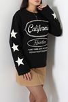 Kadın 2 İplik Baskılı Bisiklet Yaka Sweatshirt Siyah