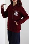 Kadın Kapşonlu Baskılı Sweat Bordo