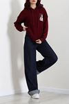 Kadın Kapşonlu Baskılı Sweat Bordo