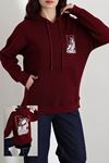 Kadın Kapşonlu Baskılı Sweat Bordo