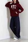 Kadın Kapşonlu Baskılı Sweat Bordo Model TV-101538