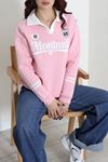 Kadın 3 İplik Şardonlu Baskılı Polo Yaka Sweatshirt Pembe