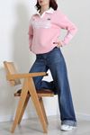 Kadın 3 İplik Şardonlu Baskılı Polo Yaka Sweatshirt Pembe