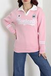 Kadın 3 İplik Şardonlu Baskılı Polo Yaka Sweatshirt Pembe