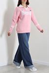 Kadın 3 İplik Şardonlu Baskılı Polo Yaka Sweatshirt Pembe