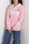 Kadın 3 İplik Şardonlu Baskılı Polo Yaka Sweatshirt Pembe