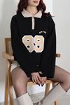 Kadın 3 İplik Şardonlubaskılı Polo Yaka Sweatshirt Siyahbej