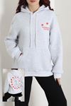 Kadın Kompakt Penye Desenli Kapşonlu Sweatshirt Gri Kırmızı