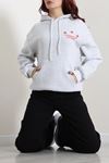 Kadın Kompakt Penye Desenli Kapşonlu Sweatshirt Gri Kırmızı