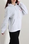 Kadın Kompakt Penye Desenli Kapşonlu Sweatshirt Gri Kırmızı