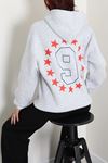 Kadın Kompakt Penye Desenli Kapşonlu Sweatshirt Gri Kırmızı