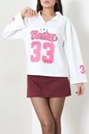 Kadın 2 İplik Baskılı Polo Yaka Oversize Sweatshirt Ekru Model TV-102813