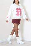 Kadın 2 İplik Baskılı Polo Yaka Oversize Sweatshirt Ekru Model TV-102813