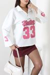 Kadın 2 İplik Baskılı Polo Yaka Oversize Sweatshirt Ekru Model TV-102813