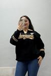 Kadın 3 İplik Şardonlu Baskılı Polo Yaka Sweatshirt Siyah
