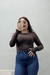 Kadın Likralı Süprem Bisiklet Yaka Parmak Geçmeli Body Açık Kahve