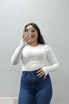 Kadın Likralı Süprem Bisiklet Yaka Parmak Geçmeli Body Beyaz