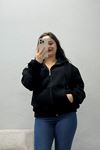 Kadın 3 İplik Şardonlu Kapşonlu Çanta Cepli Sweatshirt Siyah
