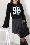 Kadın Modal Baskılı Yanlar Büzgülü Sweatshirt Siyah