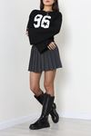Kadın Modal Baskılı Yanlar Büzgülü Sweatshirt Siyah