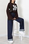 Kadın Modal Baskılı Yanlar Büzgülü Sweatshirt Kahve