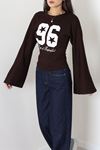 Kadın Modal Baskılı Yanlar Büzgülü Sweatshirt Kahve