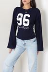 Kadın Modal Baskılı Yanlar Büzgülü Sweatshirt Lacivert