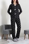 Kadın Kadife Yüzey Waffle Pijama Takımı Siyahkalpli
