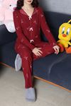 Kadın Kadife Yüzey Waffle Pijama Takımı Bordo